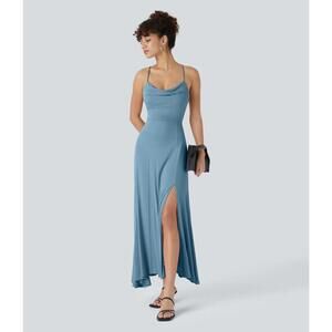 NWT Halara Ribbed Cowl Neck Lace Up Midi Dress Rainy Sky Blue L